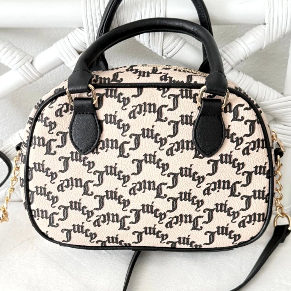 NWT Juicy Couture Gothic Logo Crossbody Satchel Bag Heart Charm Beige & Black - Picture 5 of 15
